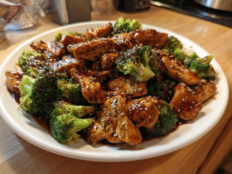 Close-up of glazed chicken and broccoli stir-fry, featuring sesame seeds, a perfect chicken and broccoli dish.