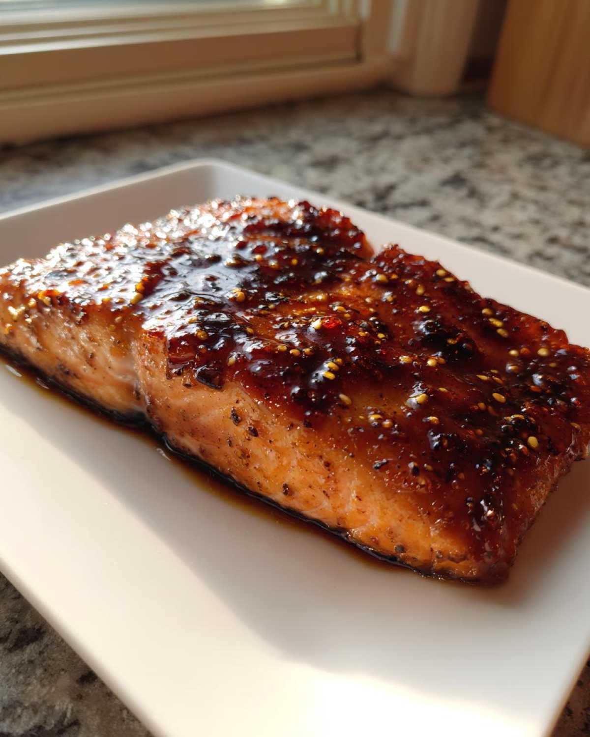 Close-up of a perfectly cooked salmon fillet covered in a thick, shiny honey garlic glaze with visible sesame seeds.