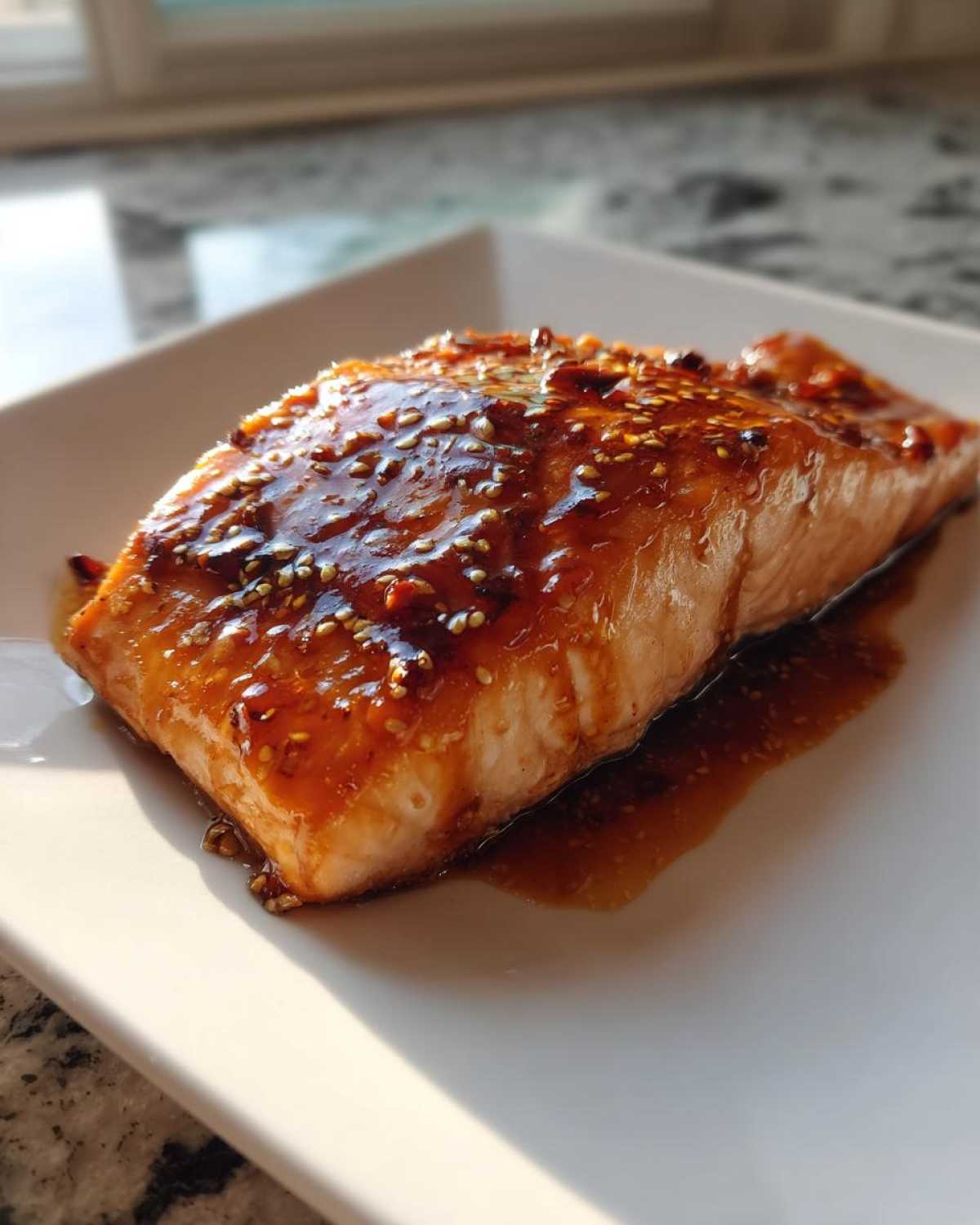 A perfectly cooked fillet of honey garlic salmon glazed with a shiny sauce and topped with sesame seeds.