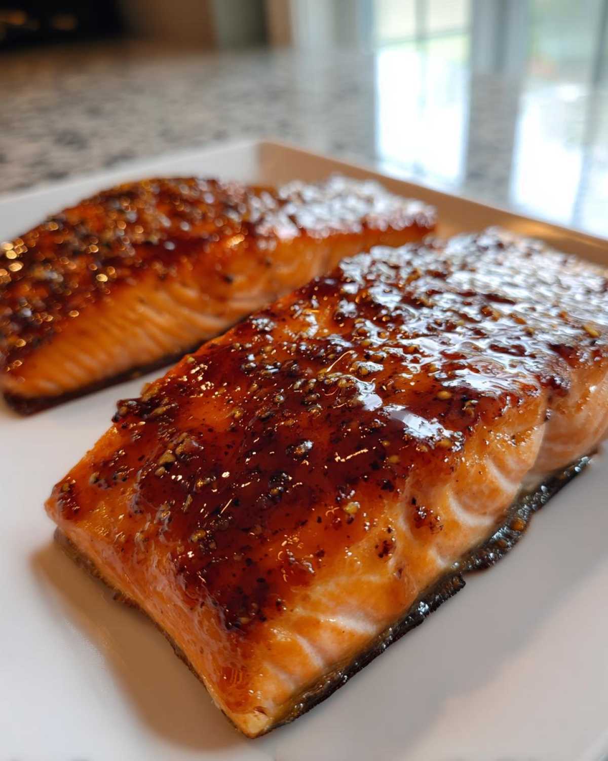 Two perfectly cooked salmon fillets glazed with a thick, shiny honey garlic sauce and spices.