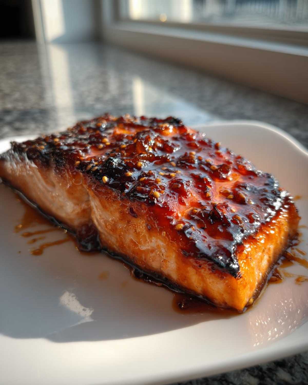 Close-up of a perfectly cooked salmon fillet topped with a thick, glossy honey garlic glaze and sesame seeds.