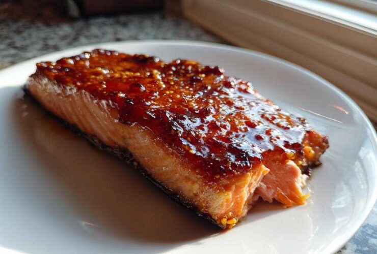 Close-up of a perfectly cooked salmon fillet coated in a thick, glistening honey garlic glaze.