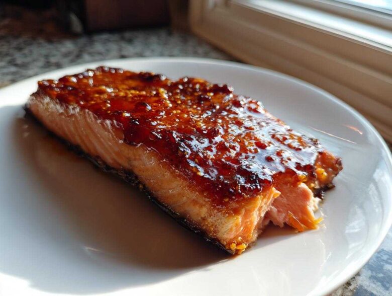 Close-up of a perfectly cooked salmon fillet coated in a thick, glistening honey garlic glaze.