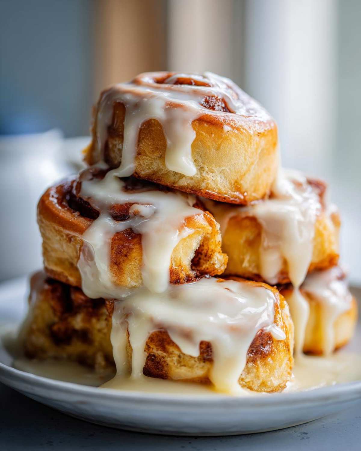 A tall stack of freshly baked cinnamon roll pastries generously covered in dripping white cream cheese icing.