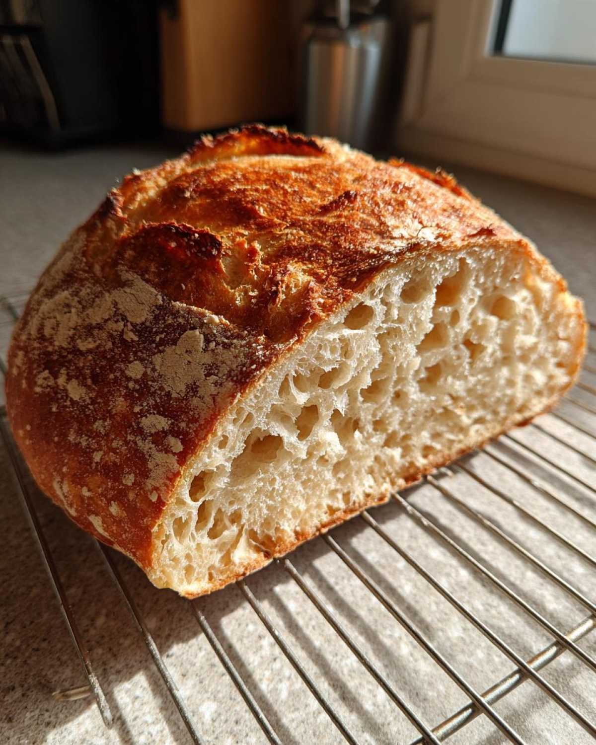 Close-up of a freshly baked loaf of Italian bread, showing the open crumb structure and golden crust, resting on a wire rack.