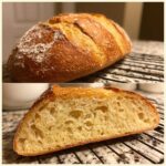 A split image showing a golden-brown, scored Italian bread loaf and a close-up of its airy, open crumb structure.