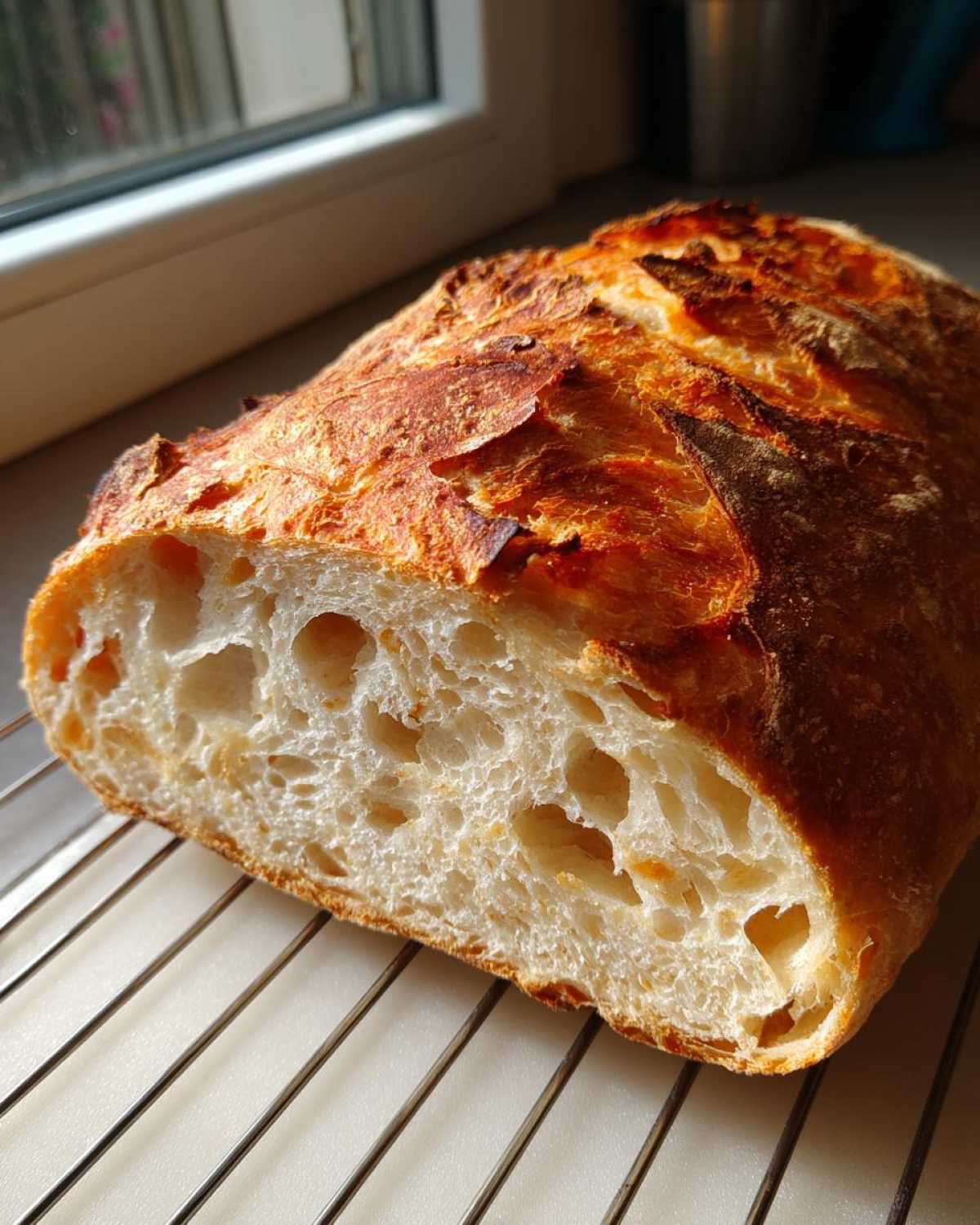 Cross-section of a freshly baked Italian bread showing a golden crust and airy, open crumb structure, cooling on a rack.