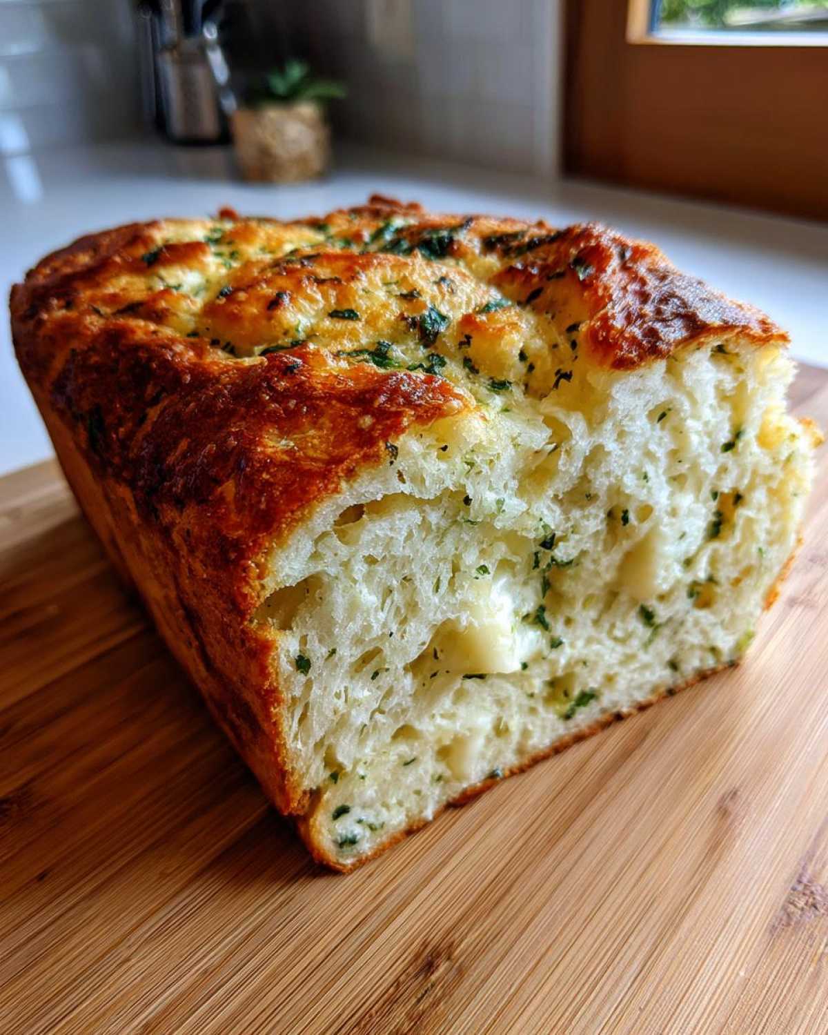 Close-up of a freshly baked Italian herb and cheese bread loaf showing the soft interior with melted cheese pockets.