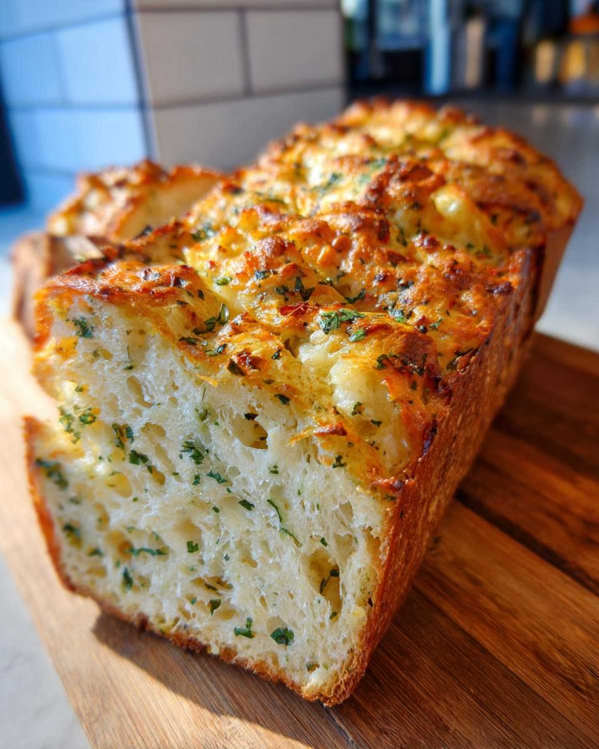 A close-up of a golden-brown loaf of Italian herb and cheese bread, showing the cheesy, herby topping and soft interior.