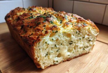 A golden-brown loaf of Italian herb and cheese bread, sliced open to show the soft interior and melted cheese.