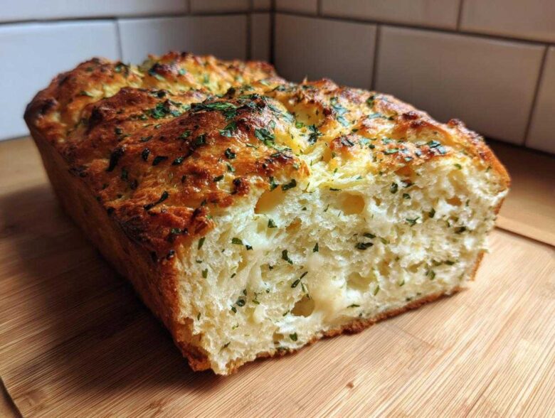 A golden-brown loaf of Italian herb and cheese bread, sliced open to show the soft interior and melted cheese.