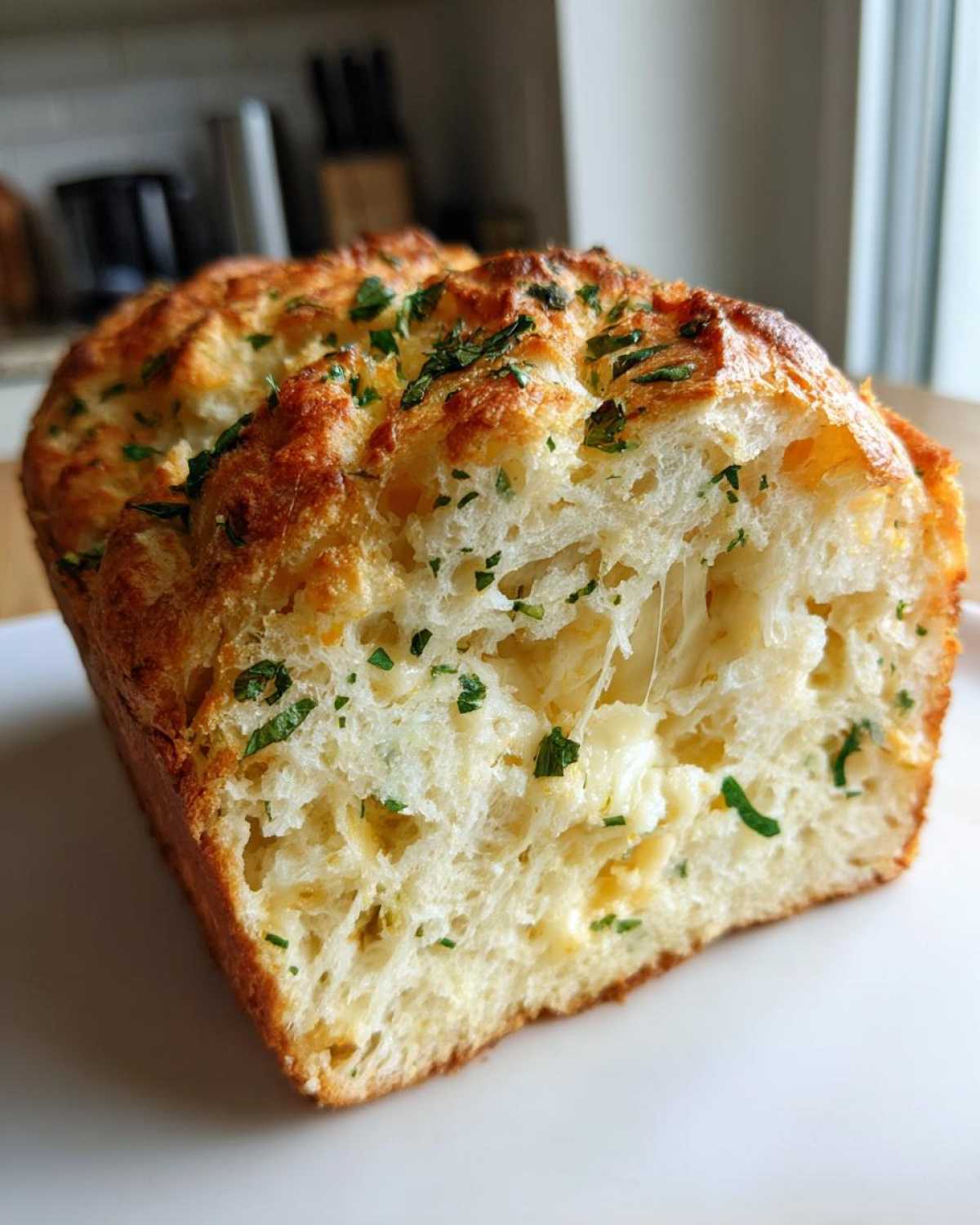 Close-up of a freshly baked loaf of Italian herb and cheese bread, showing melted cheese pull and green herbs.