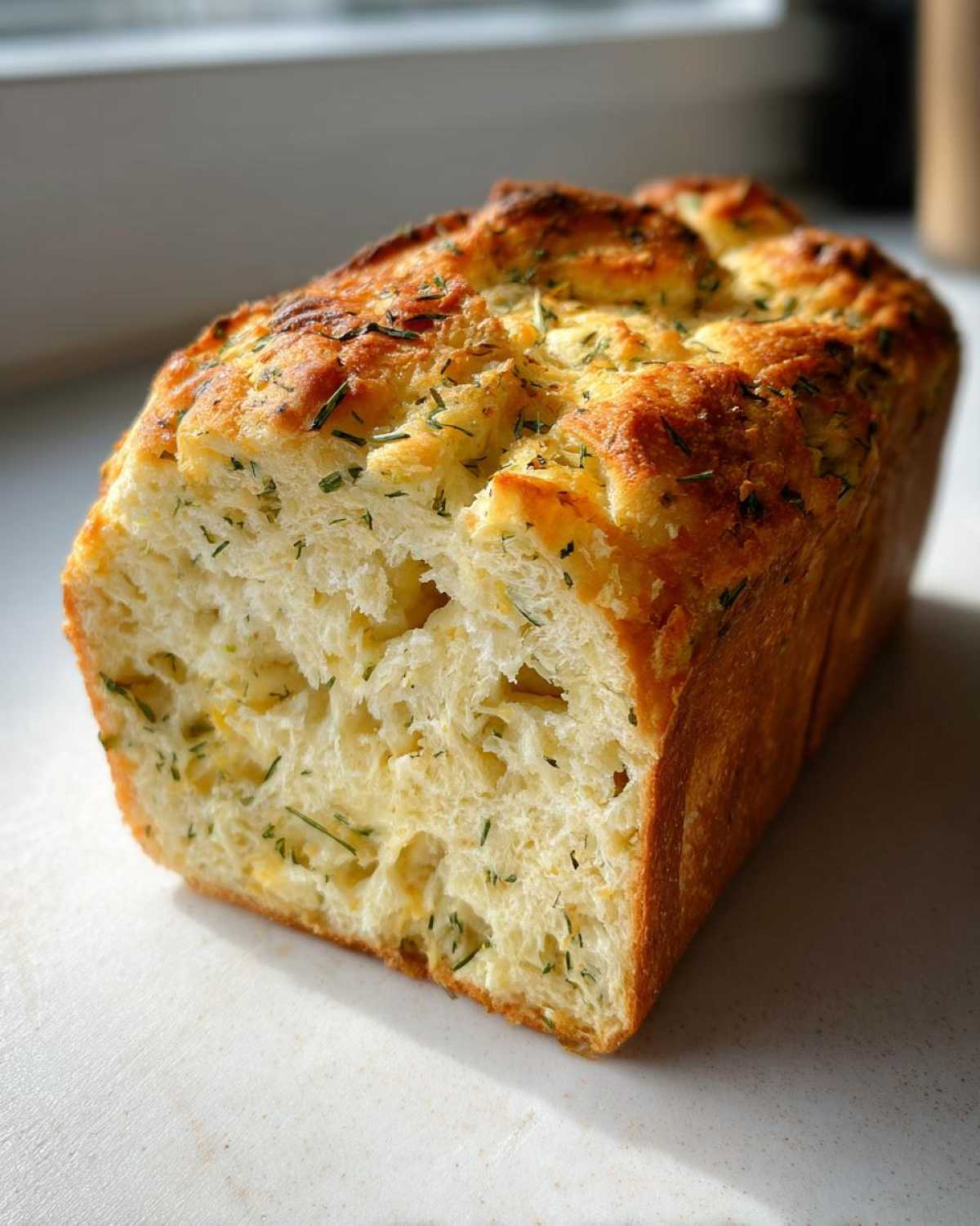 A golden-brown loaf of Italian herb and cheese bread, sliced to show the soft interior studded with herbs and cheese.