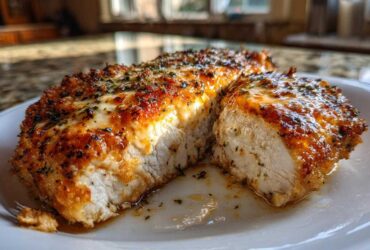 Close-up of a juicy caesar chicken breast, cut open to show the moist interior and seasoned, cheesy crust.