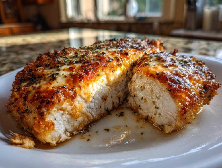 Close-up of a juicy caesar chicken breast, cut open to show the moist interior and seasoned, cheesy crust.