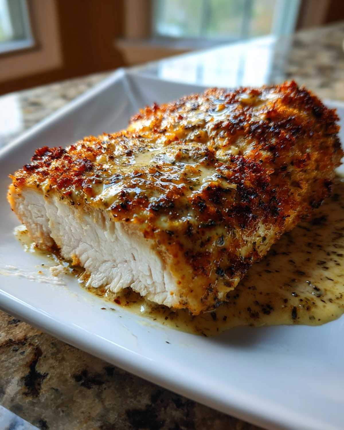 A cross-section of a perfectly cooked caesar chicken breast showing white meat and a crispy, seasoned crust drizzled with creamy sauce.