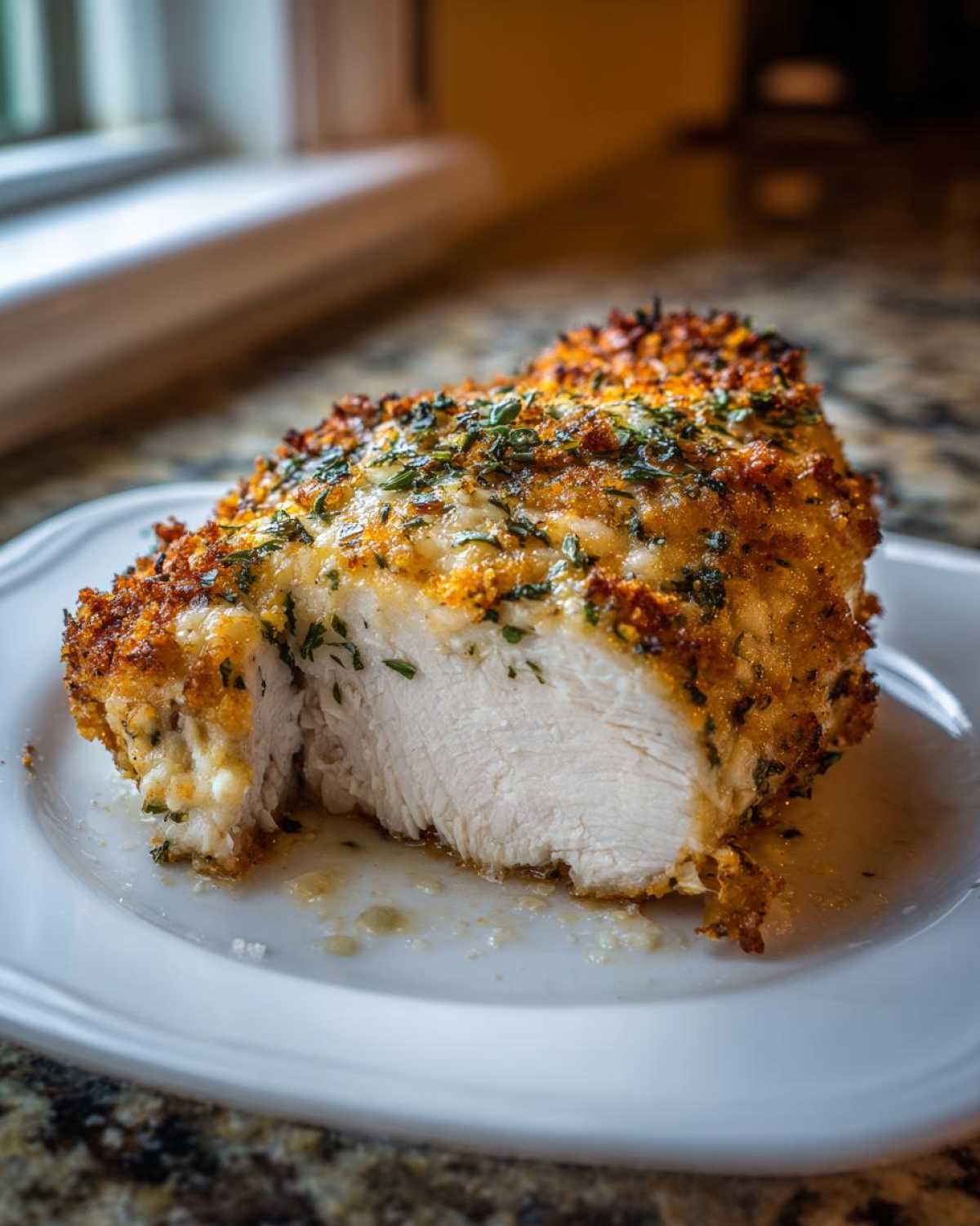 Close-up of a perfectly cooked caesar chicken breast, sliced open to show juicy white meat and a crispy, cheesy herb crust.