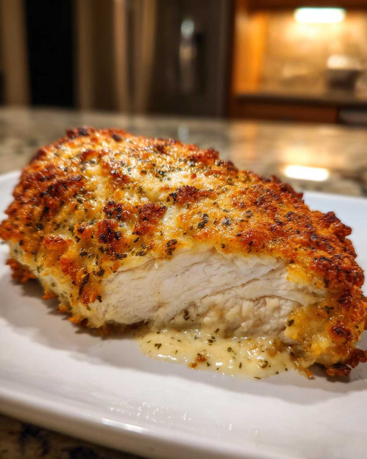 A close-up of a perfectly cooked caesar chicken breast, sliced to show juicy white meat and a crispy, herbed topping.