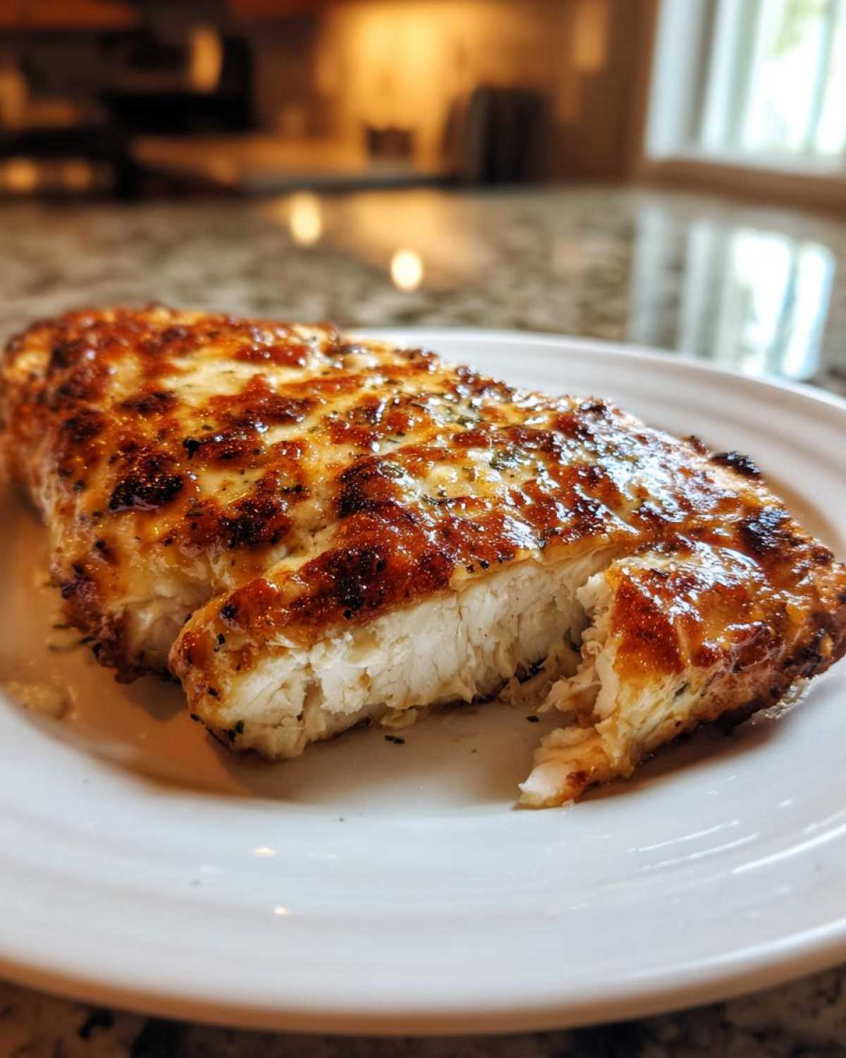 Close-up of a juicy caesar chicken breast, sliced open to show white meat and a browned, cheesy topping.