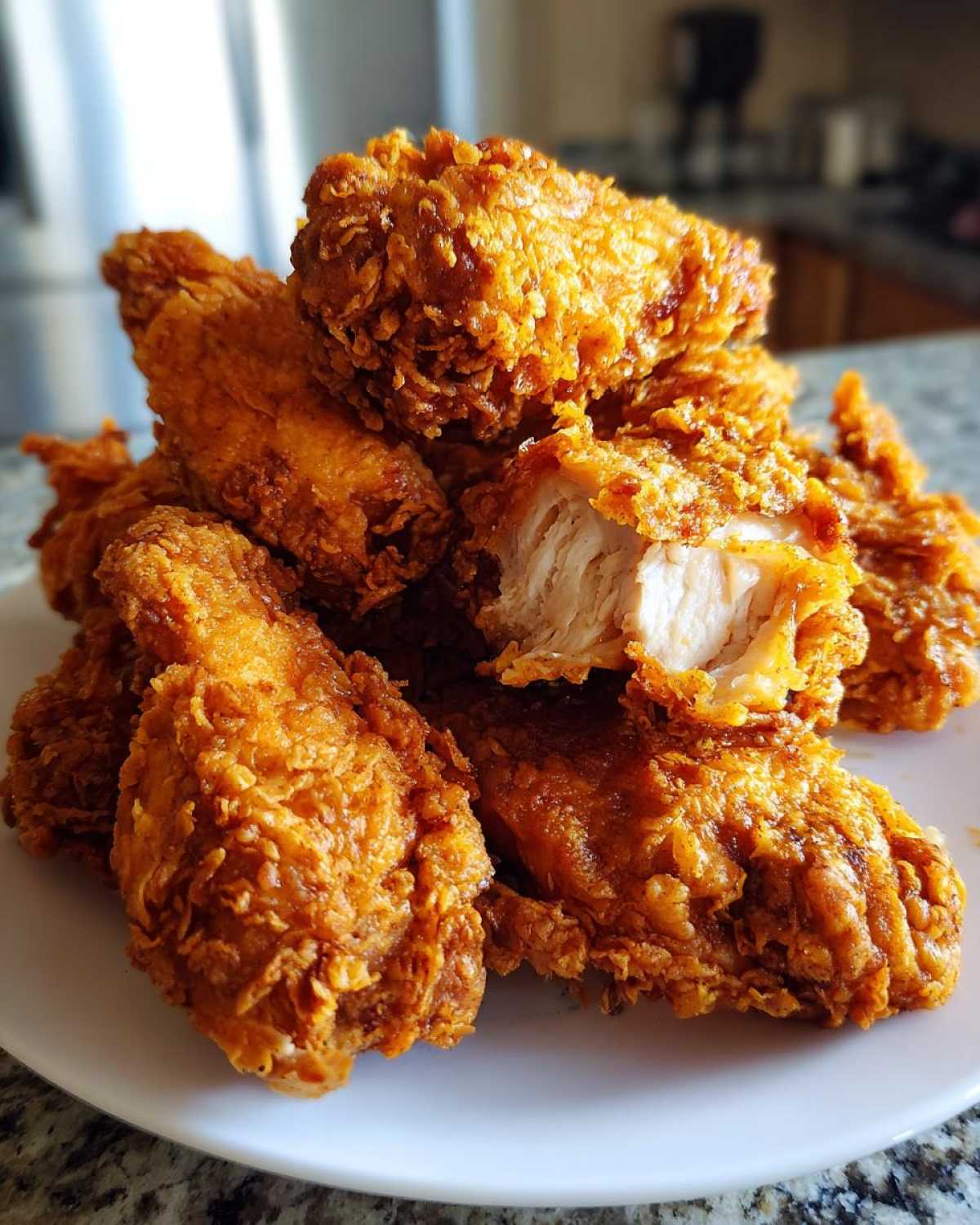 A pile of golden brown, crispy fried chicken wings on a white plate, with one wing broken open showing juicy white meat.