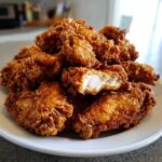 A close-up of a mound of crispy, golden brown fried chicken wings, one piece showing the juicy white meat inside.
