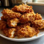 A generous pile of golden brown, crispy fried chicken wings stacked high on a white plate.