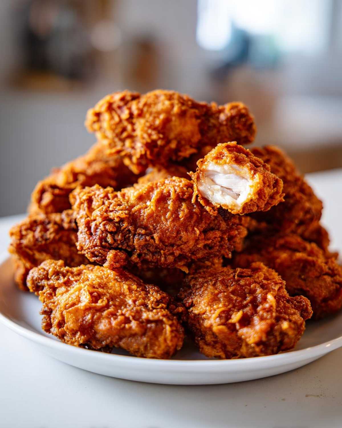 A mound of crispy, golden-brown fried chicken wings piled on a white plate, one piece broken open showing juicy white meat.