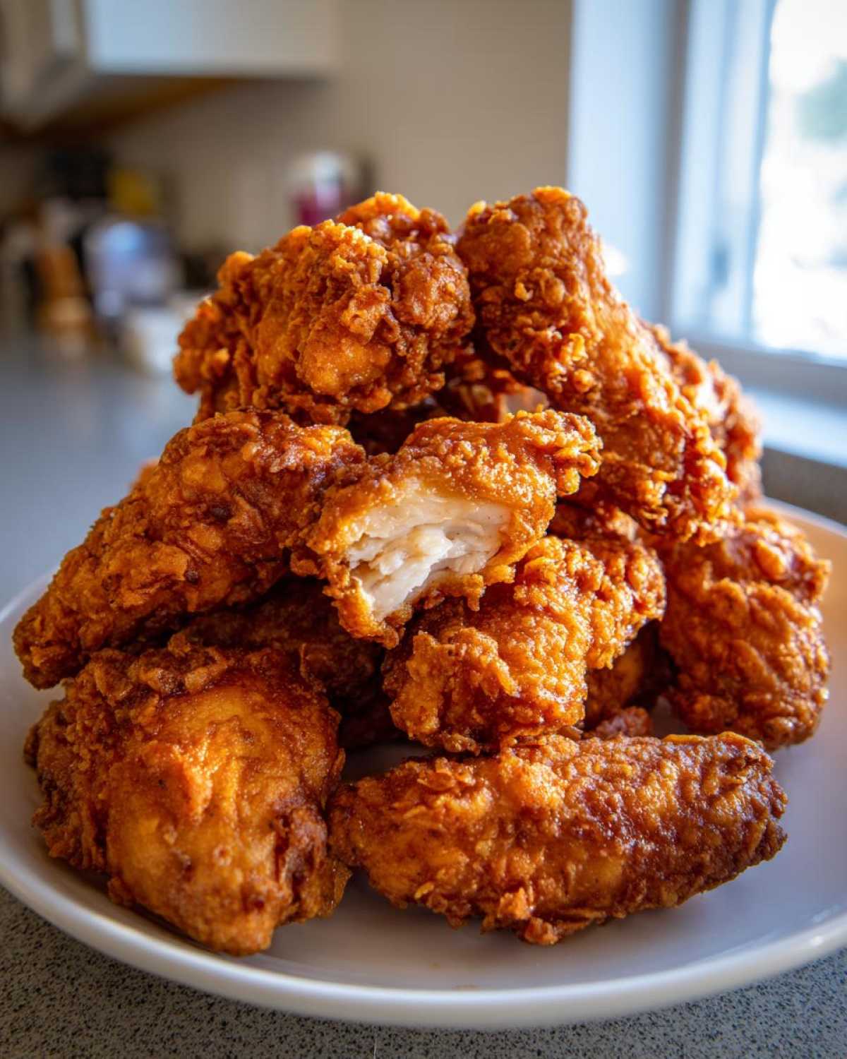 A mound of perfectly golden-brown fried chicken wings piled high on a white plate, one wing broken open to show the juicy white meat.