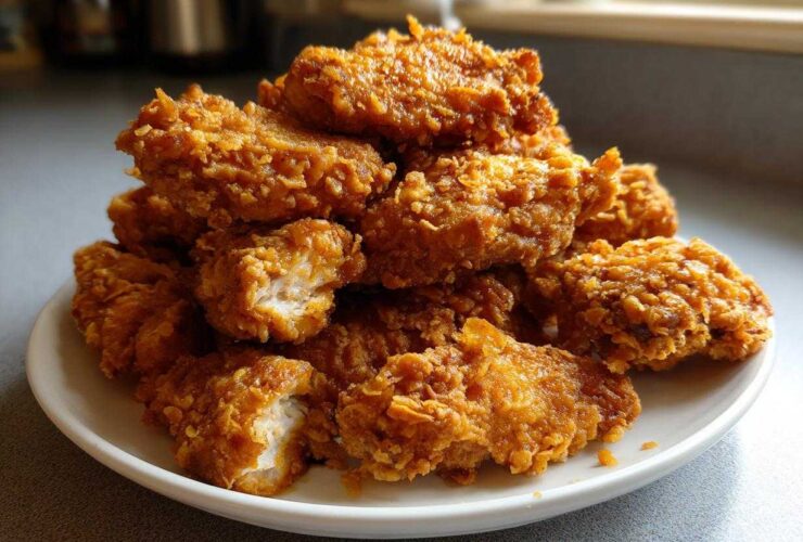 A generous pile of golden brown, crispy fried chicken wings stacked high on a white plate.