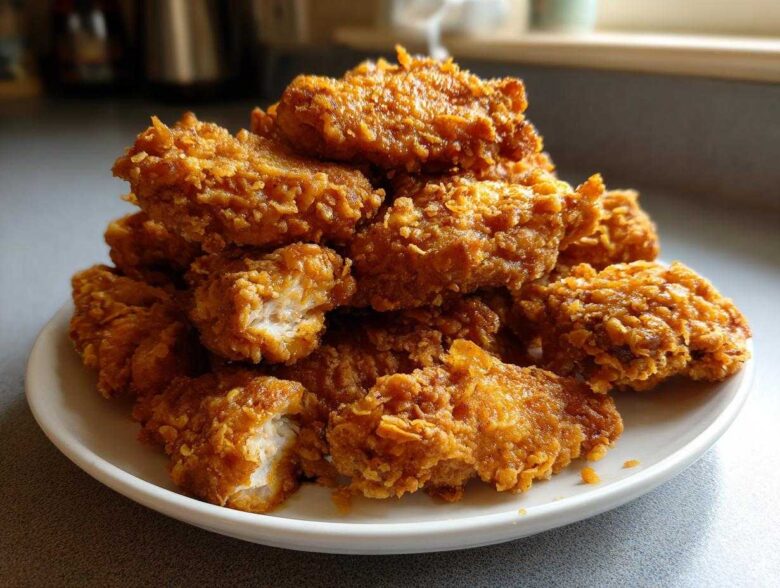 A generous pile of golden brown, crispy fried chicken wings stacked high on a white plate.