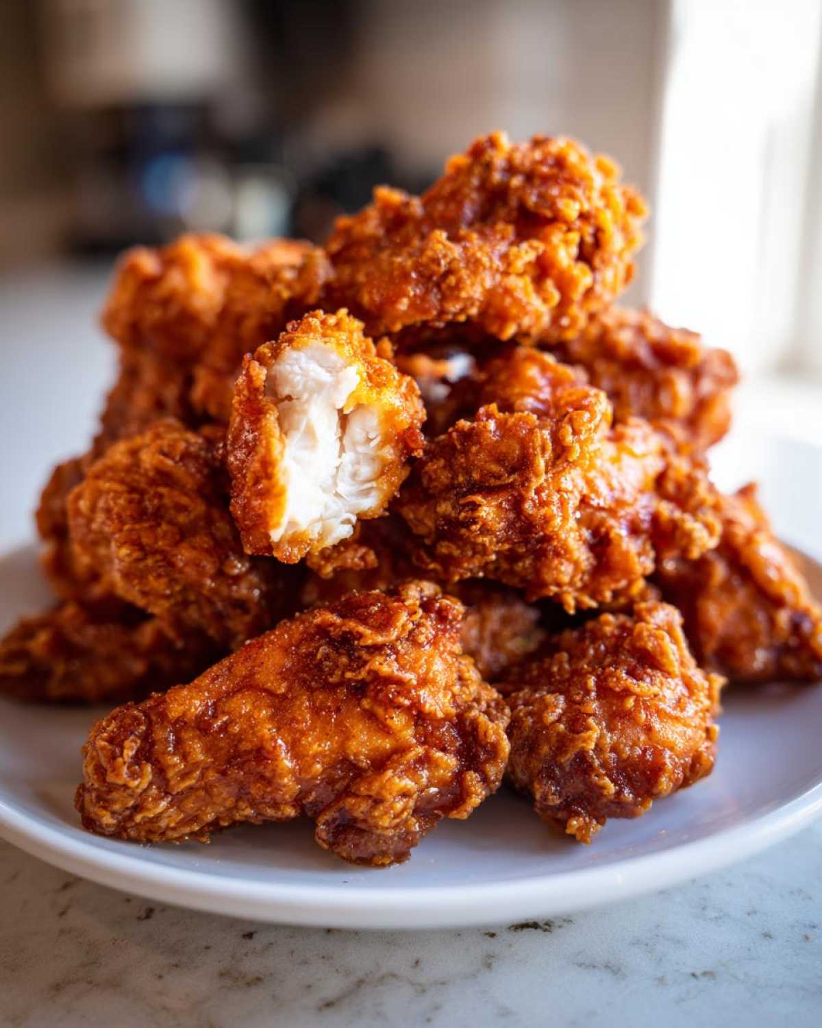 A close-up of a pile of deeply colored, crispy fried chicken wings, one broken open showing the white meat.