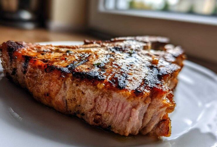 Close-up of a perfectly grilled, thick-cut pork chop showing a juicy pink center and caramelized crust, thanks to the marinade for pork chops.