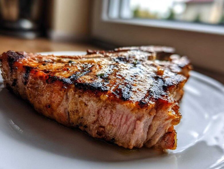 Close-up of a perfectly grilled, thick-cut pork chop showing a juicy pink center and caramelized crust, thanks to the marinade for pork chops.
