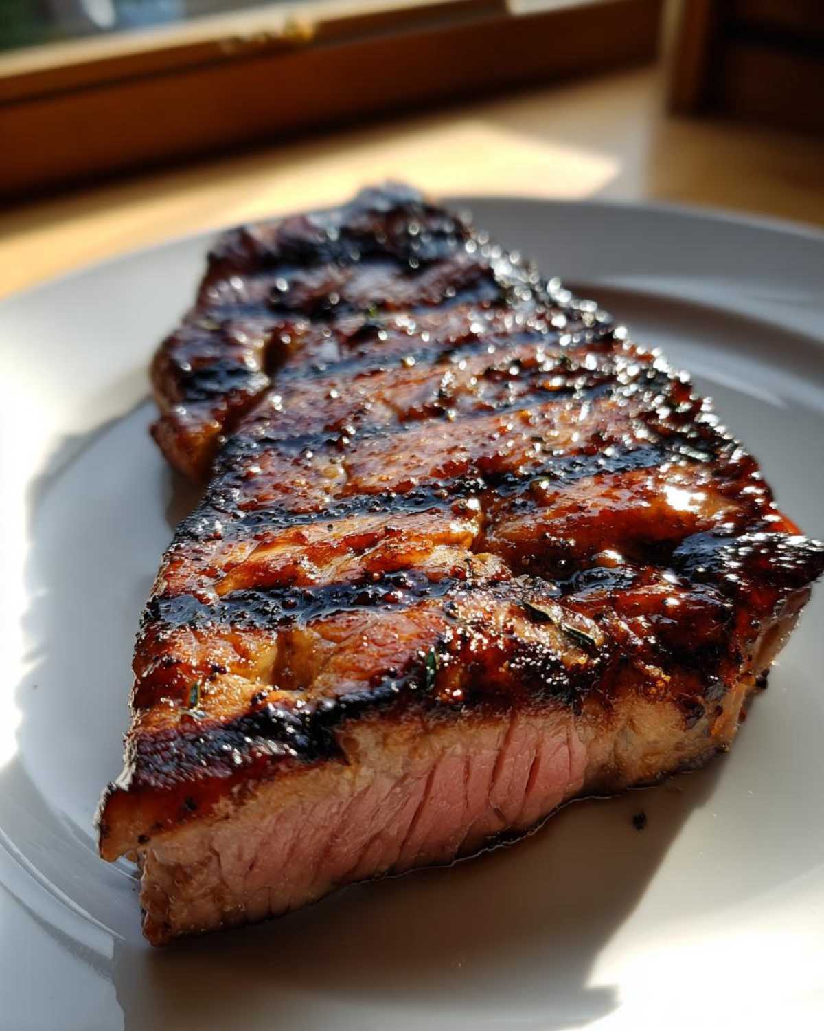 Close-up of a juicy, medium-rare grilled pork steak recipe cut showing grill marks and glaze.