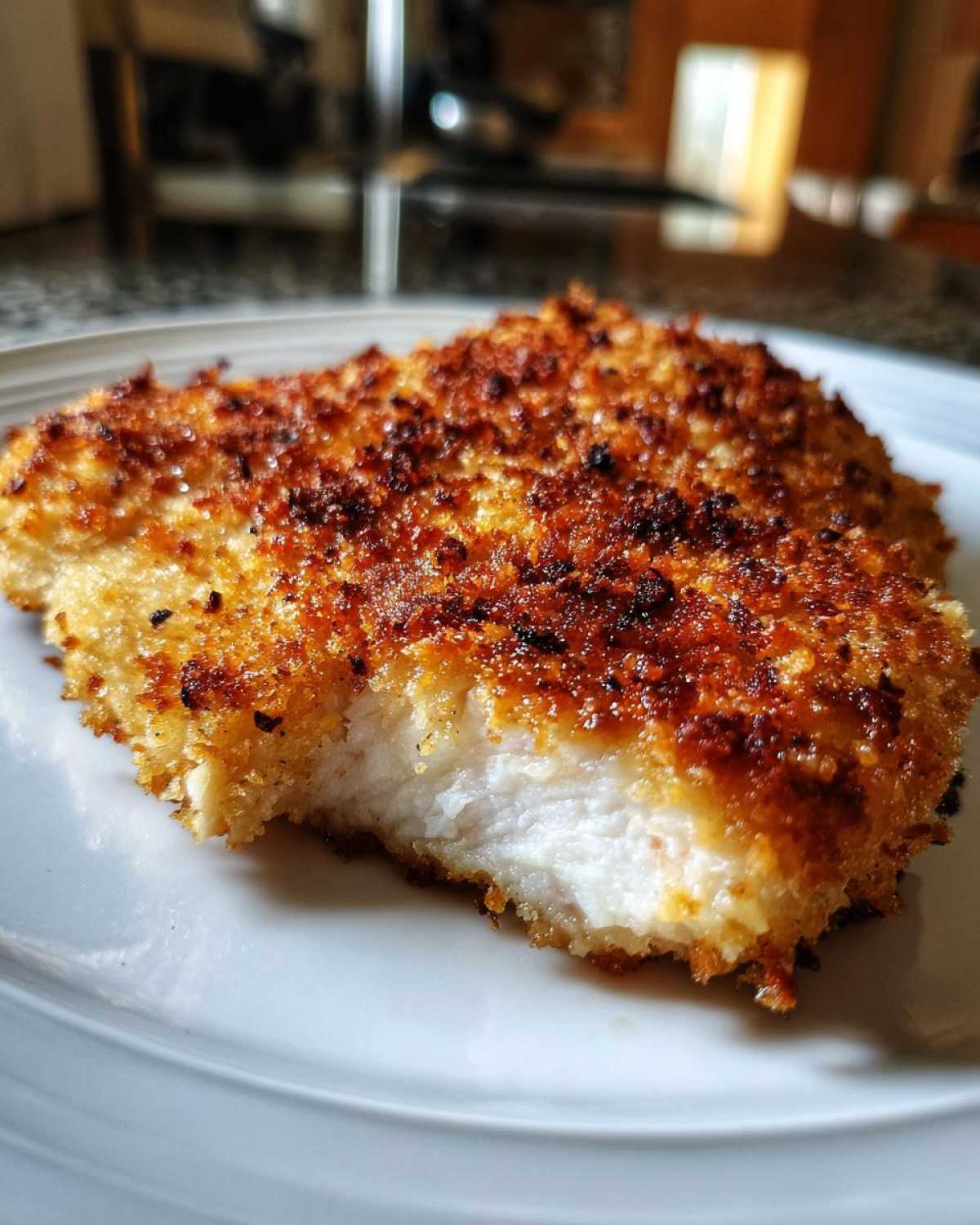 Close-up of a juicy piece of parmesan crusted chicken showing the white meat and golden-brown, crispy coating.