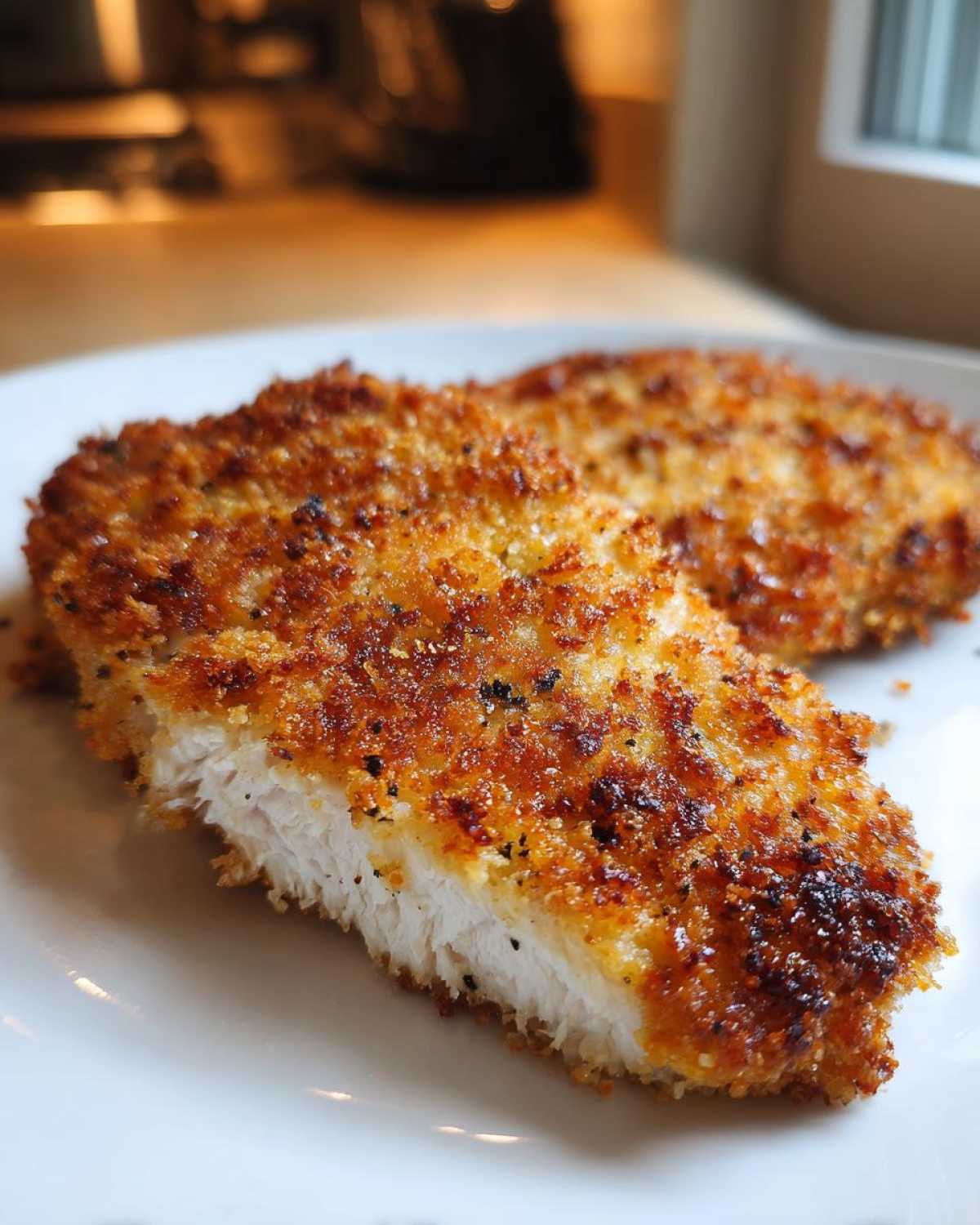 Close-up of juicy parmesan crusted chicken, showing the golden-brown crust and white interior.