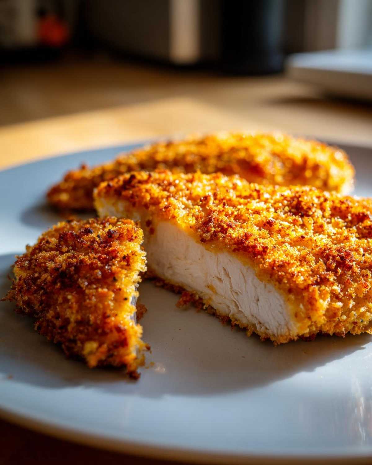 Cross-section view of juicy parmesan crusted chicken showing the white interior and golden, crispy coating.