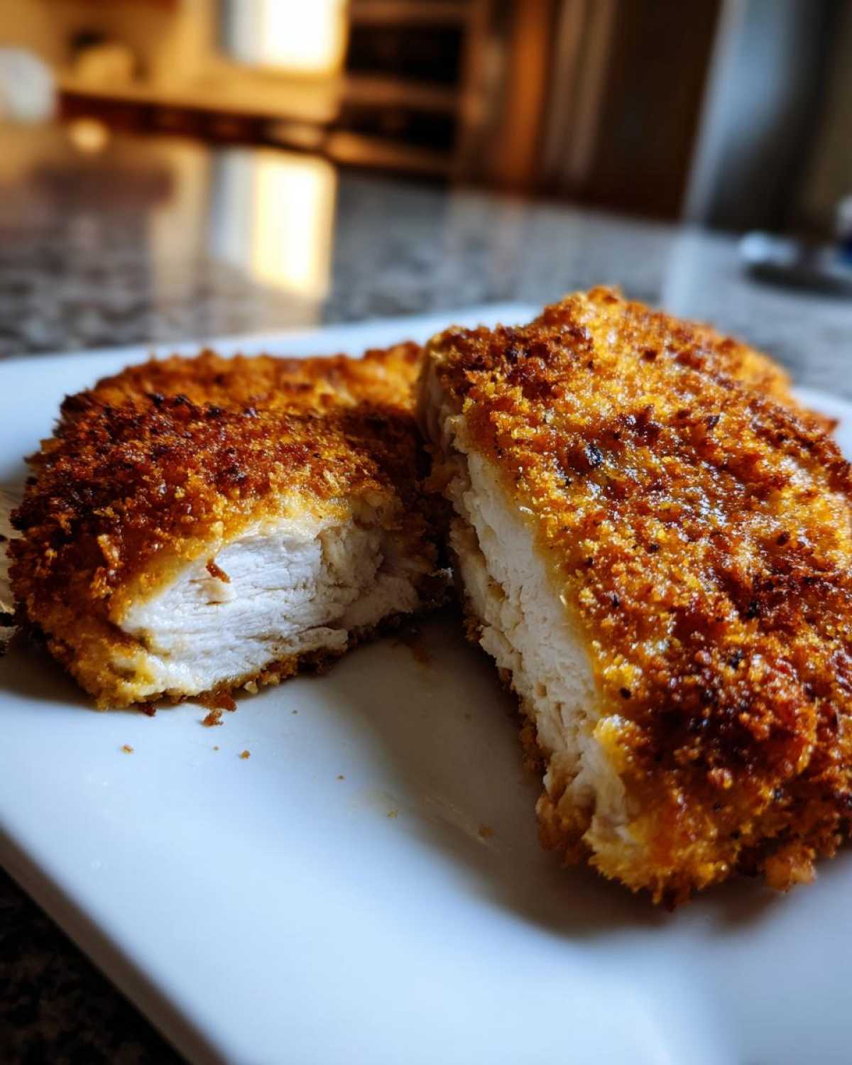 Close-up of juicy parmesan crusted chicken cut open to show the white, cooked interior.