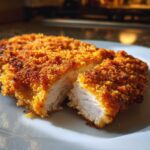Close-up of a perfectly cooked parmesan crusted chicken breast, sliced to show the juicy white meat inside.