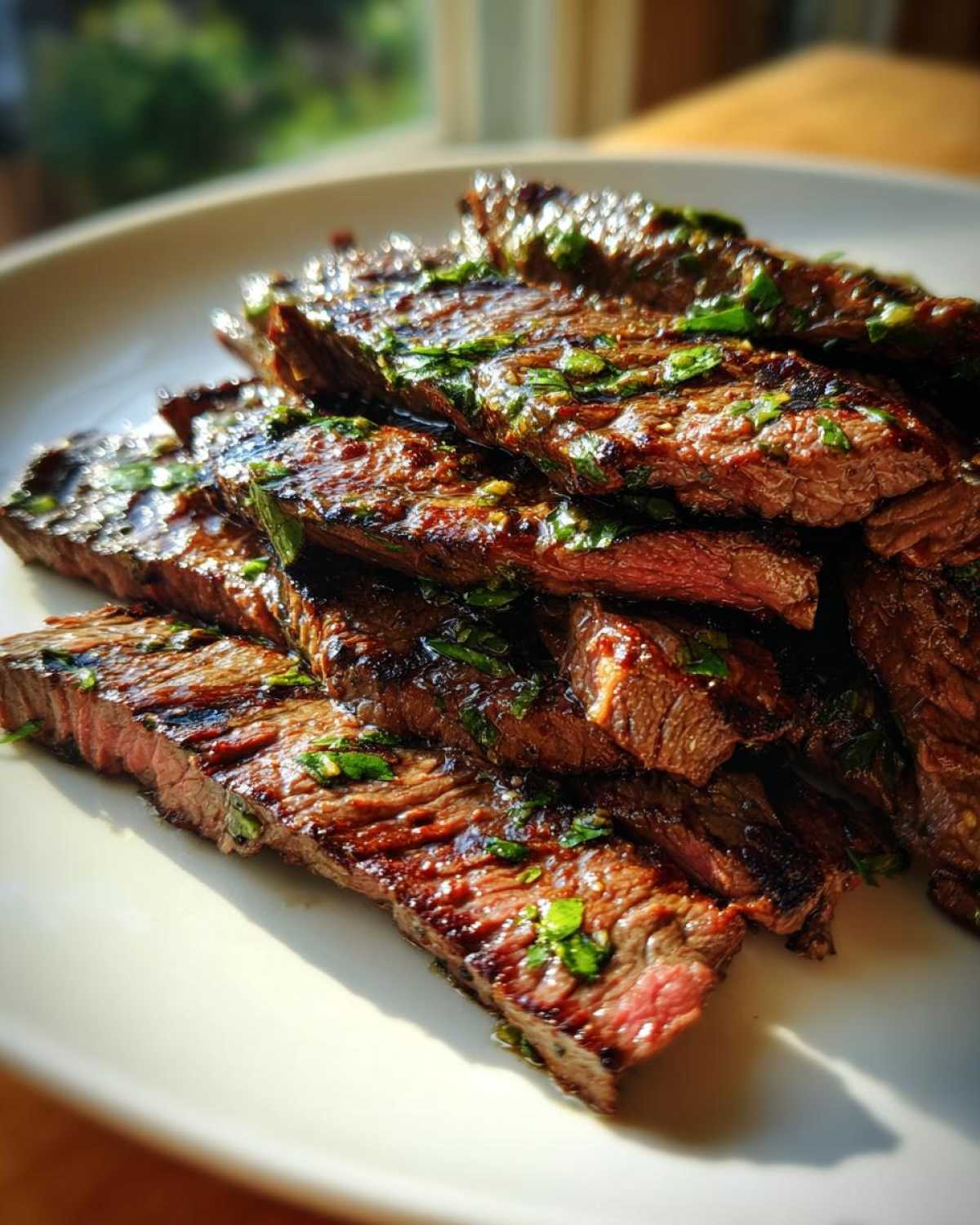 Close-up of perfectly grilled and sliced steak, glistening with juices from the carne asada marinade.