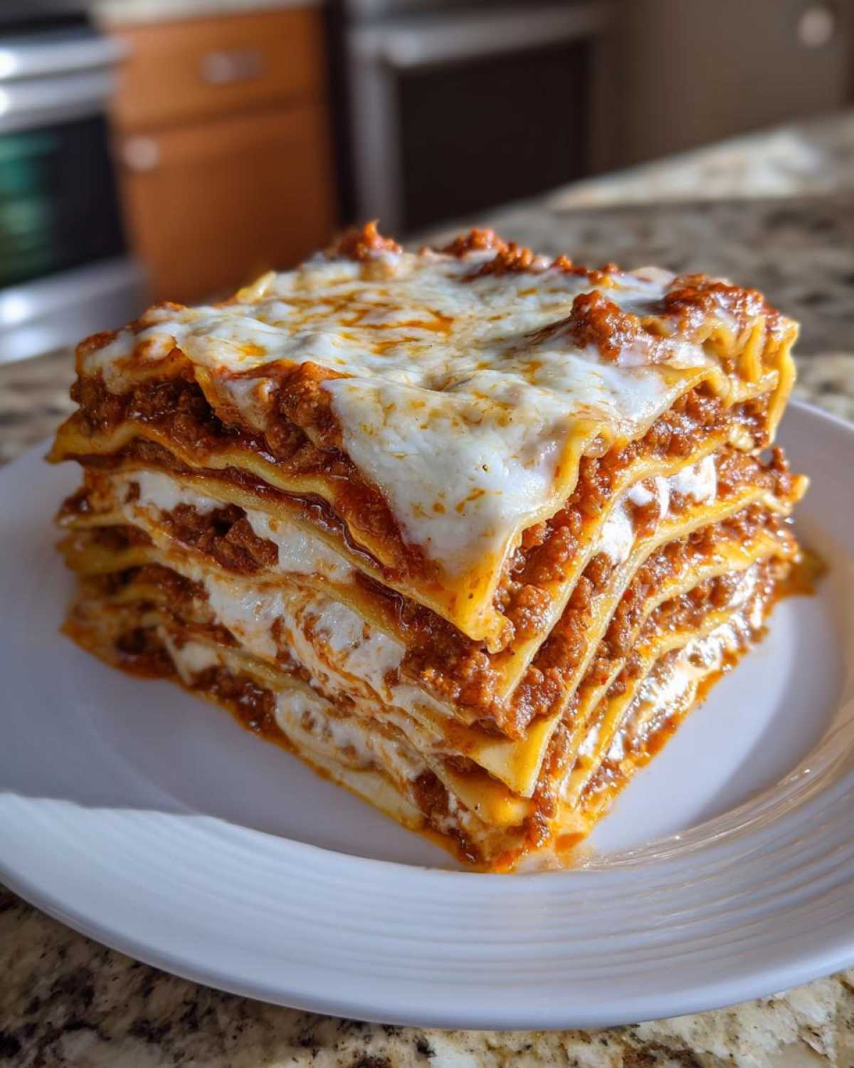 A tall, multi-layered slice of Lasagna with Cottage Cheese featuring rich meat sauce and melted mozzarella topping.