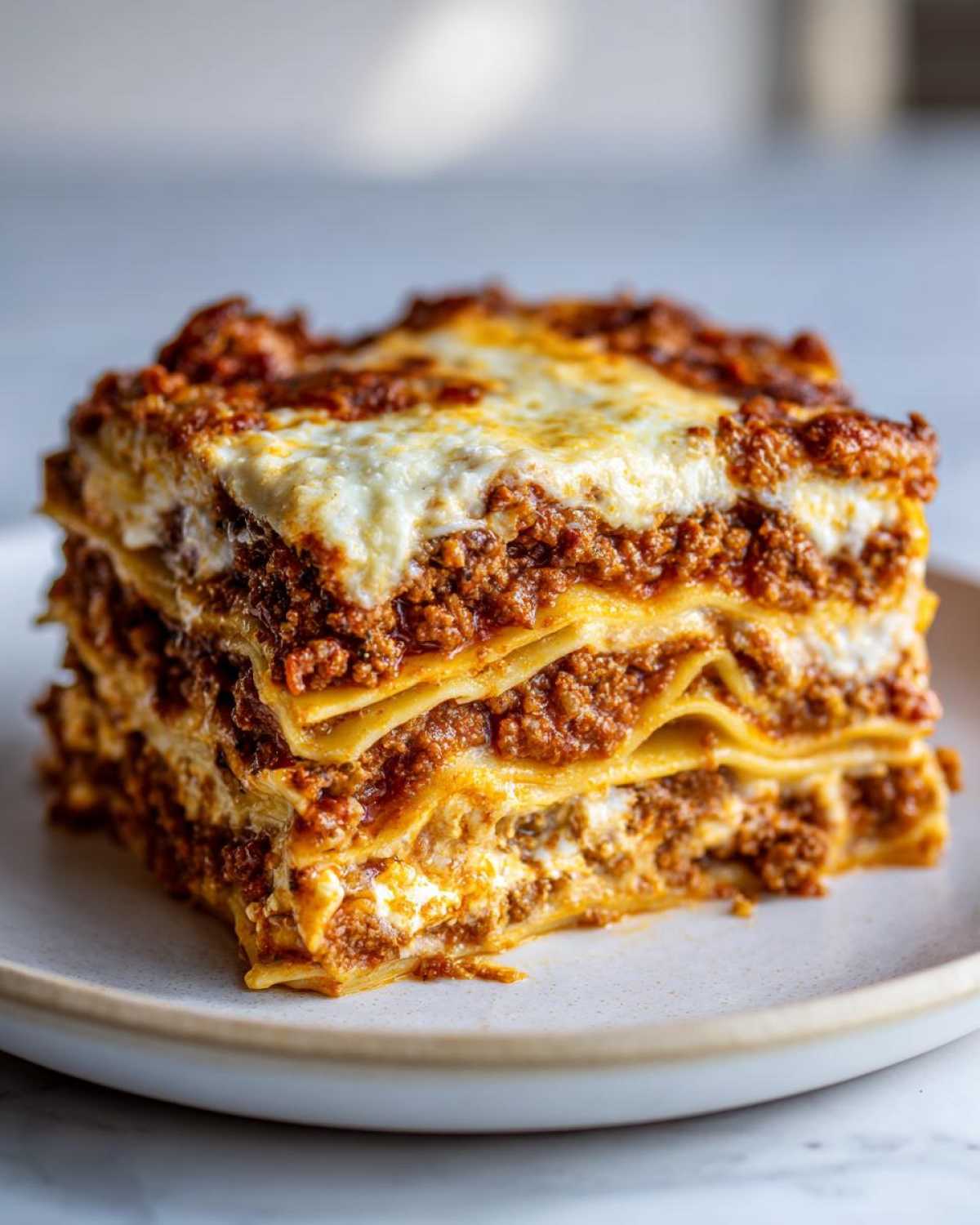 A tall, appetizing slice of lasagna with cottage cheese and rich meat sauce stacked high on a plate.
