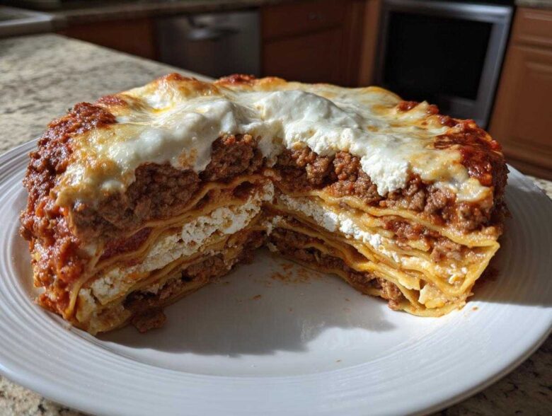 A generous, thick slice of Lasagna with Cottage Cheese, showing multiple layers of pasta, meat sauce, and white cottage cheese filling.