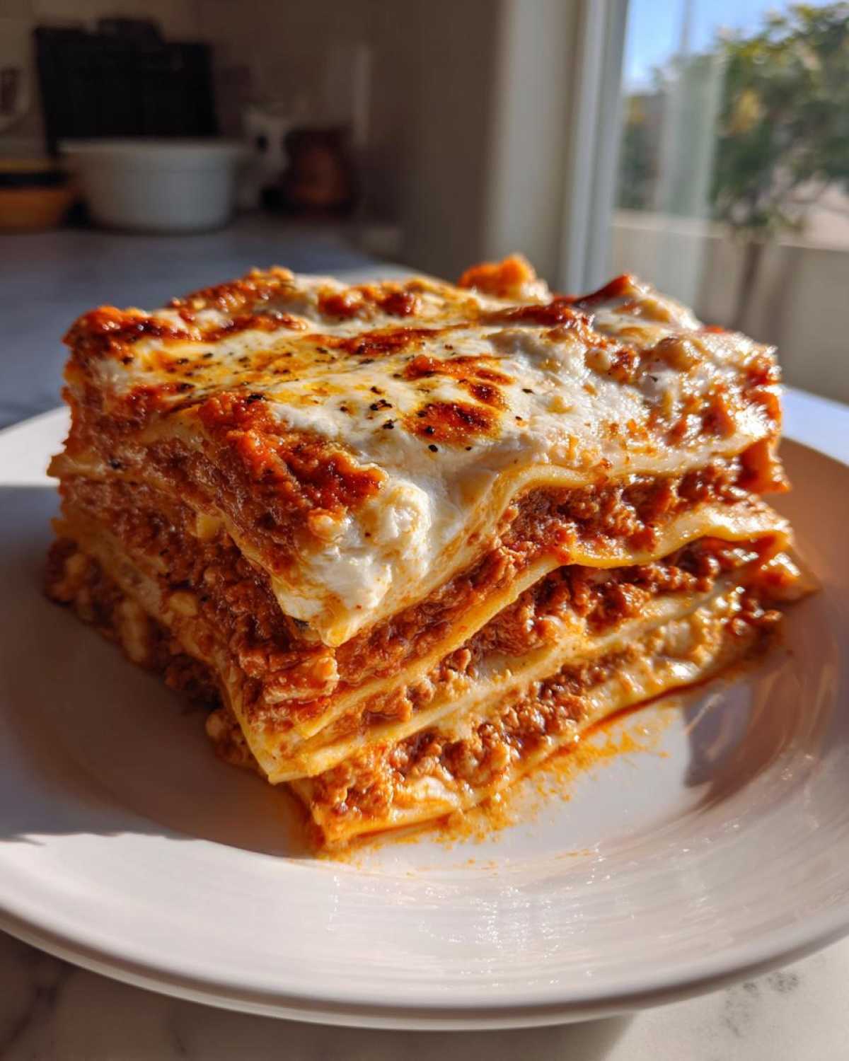 A tall, layered slice of Lasagna with Cottage Cheese featuring rich meat sauce and melted cheese topping.