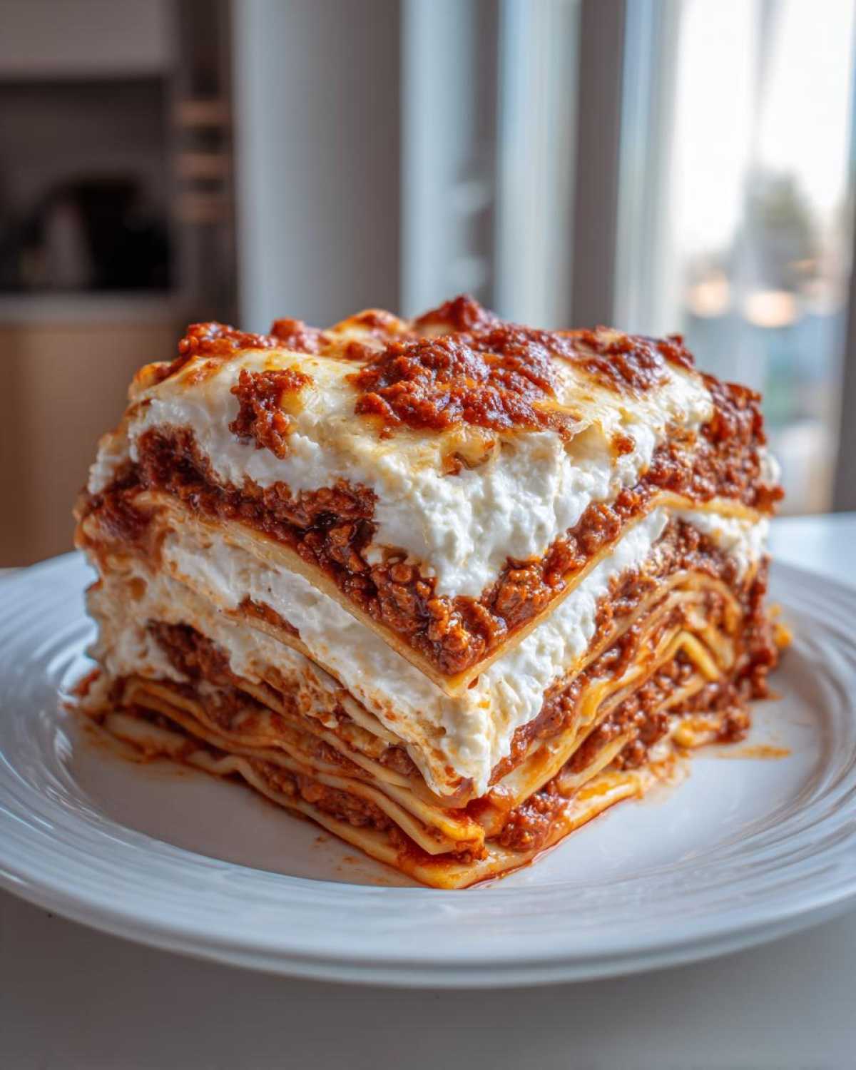 A tall, multi-layered slice of lasagna with cottage cheese filling and rich meat sauce, served on a white plate.