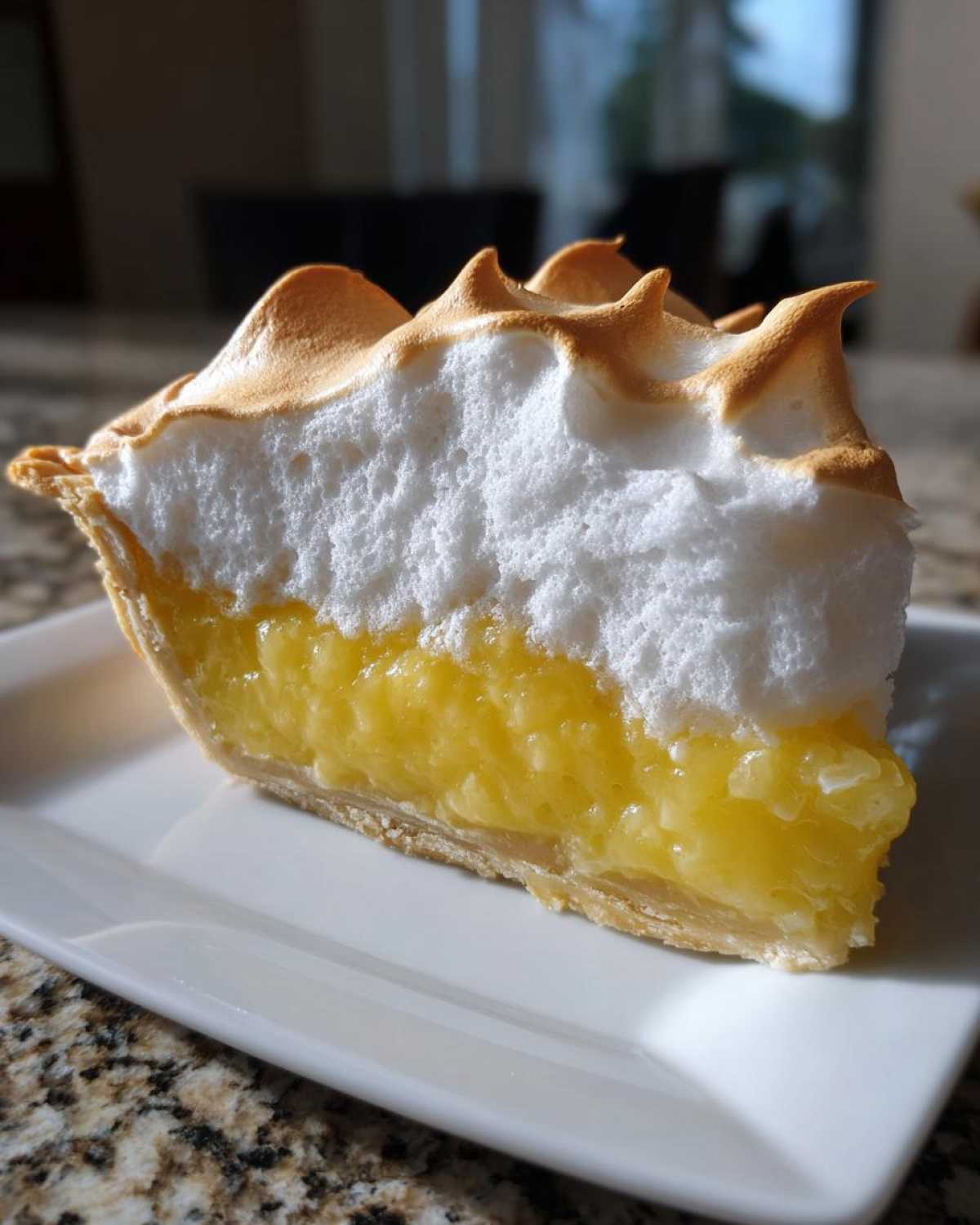 A close-up of a thick slice of lemon meringue pie showing bright yellow filling and toasted meringue peaks.