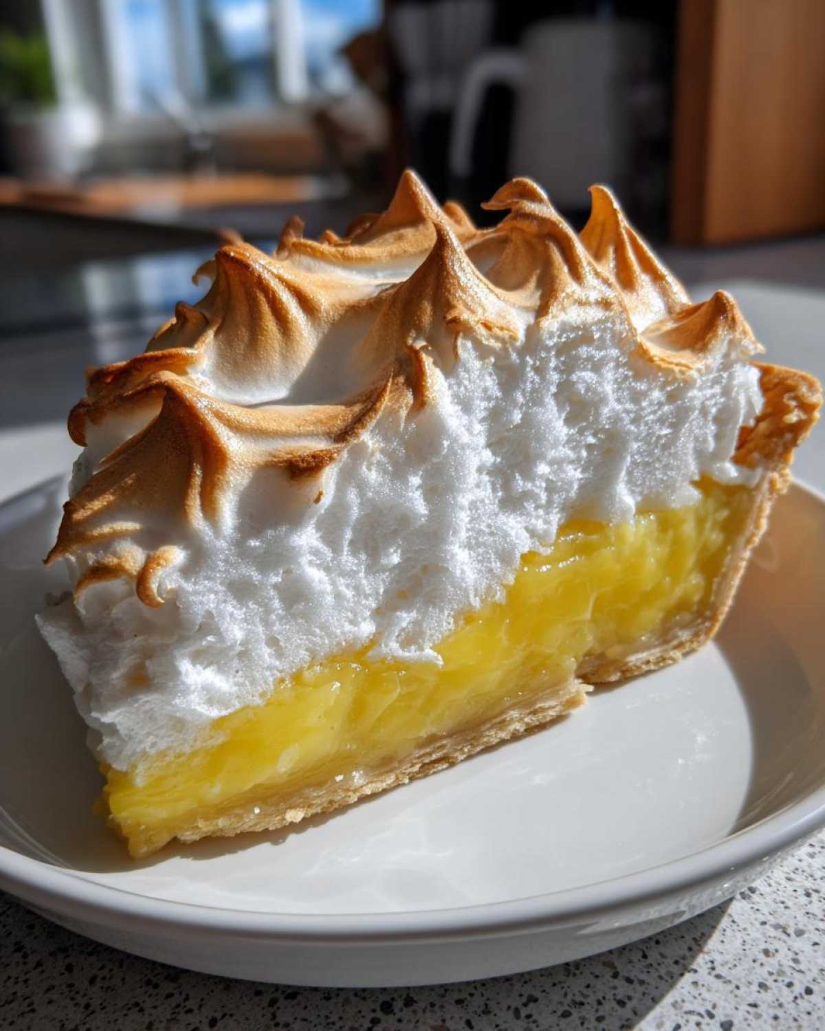 A tall slice of lemon meringue pie showing bright yellow filling and perfectly peaked, toasted meringue.