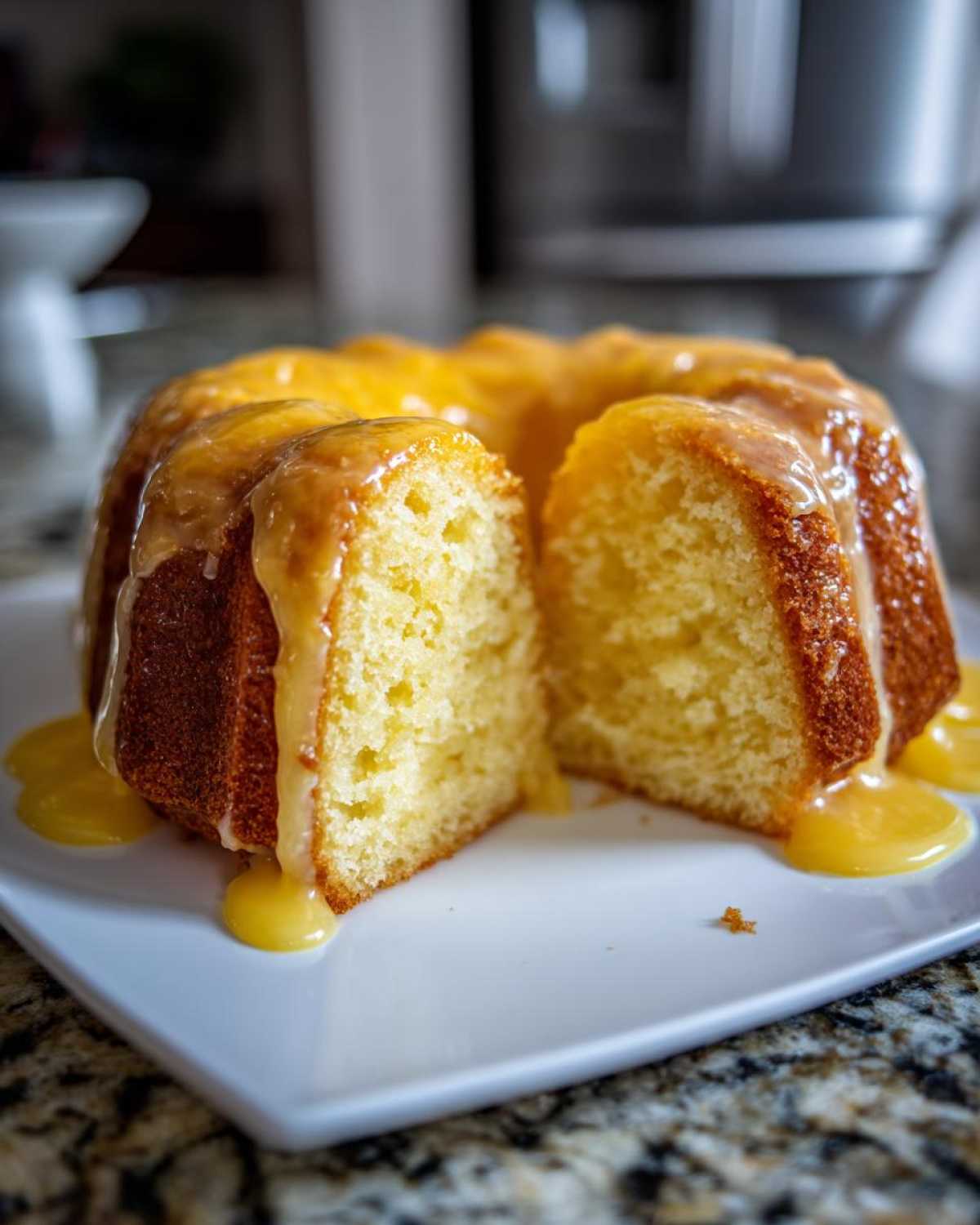 A slice cut from a bundt-style lemon pound cake, heavily drizzled with bright yellow lemon glaze.