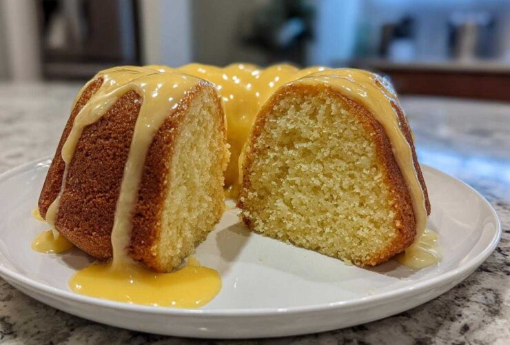 A slice of moist lemon pound cake drizzled generously with a thick yellow glaze, sitting on a white plate.