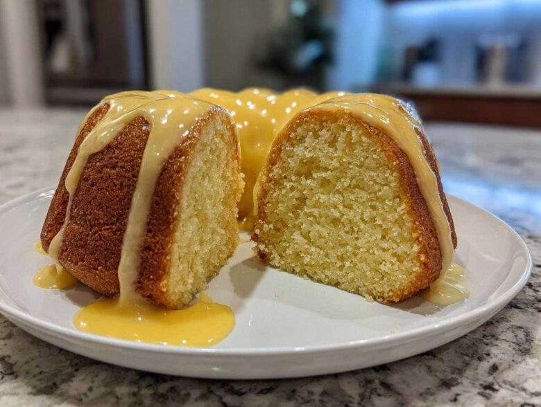 A slice of moist lemon pound cake drizzled generously with a thick yellow glaze, sitting on a white plate.